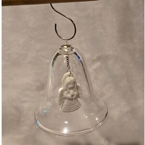 Clear Glass Bell Ornament with Hanging White Angel Charm and Metal Hook